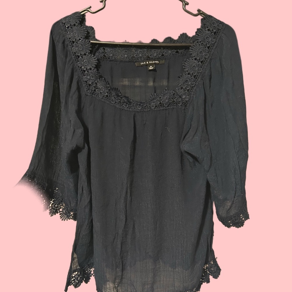 Zac & Rachel Black Crochet-Trim Peasant Top